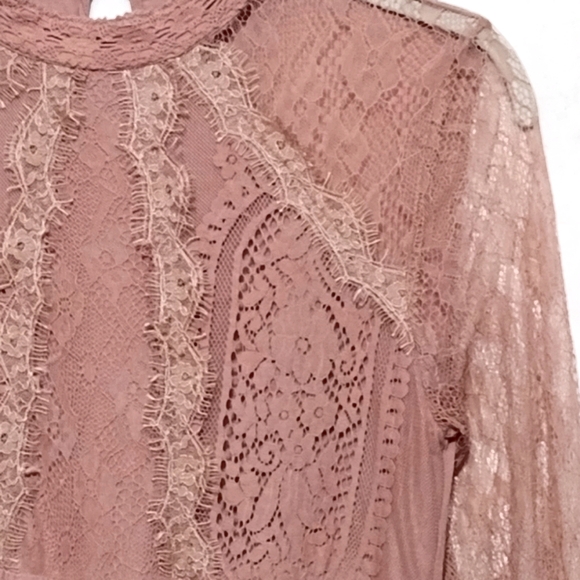 Altar'd State Floral Lace Babydoll Dress Sheer Sleeves High Neck Small Boho Chic - Picture 6 of 13